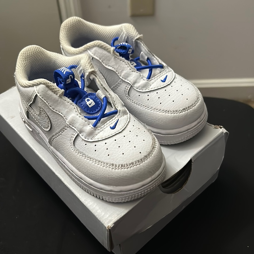 White and Blue toddler boy nike dunks
